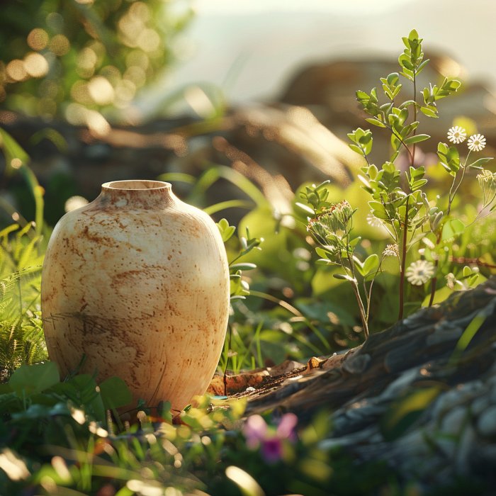 Ceramic urn resting in a peaceful natural setting with greenery and flowers, supporting families seeking Summit, NJ cremation services.